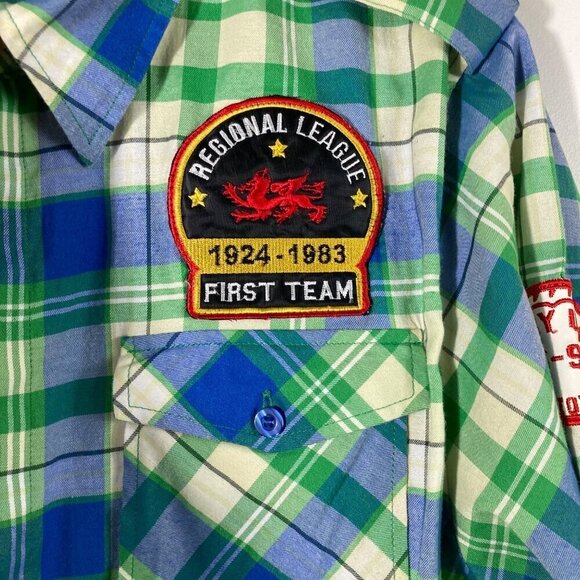 Mens Raw Blue Fearless Rebel Shirt Button Plaid Short Sleeve Embroidered 2XL - Picture 3 of 9